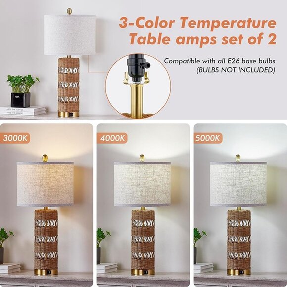 NEW Set of 2  Rattan Decorative 28" Table Lamps with E26 Socket&Rotary Switch, - Picture 4 of 9